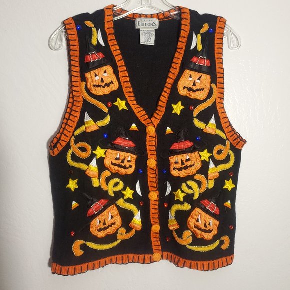 Vtg medium Halloween Vest knit with embroidered pumpkin witches - Picture 1 of 9